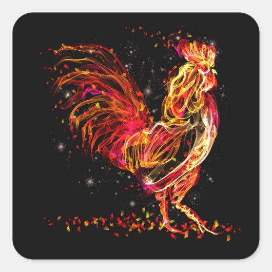 Sticker Carré Coq de feu. Flamme animal étincelant design cool (Devant)