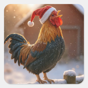 Sticker Carré Coq de Noël qui chante en portant un chapeau de Pè