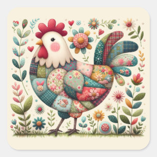 Sticker Carré Coq en patchwork folklorique avec accents floraux