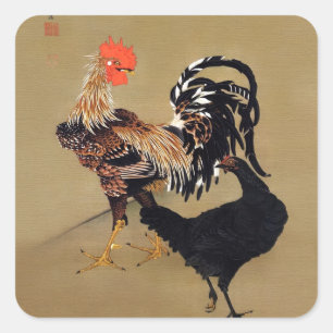 Sticker Carré Coq et Poule par Ito Jakuchu