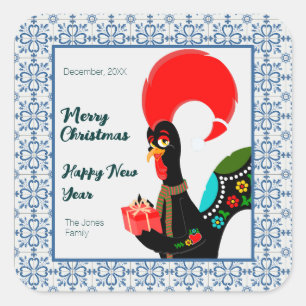 Sticker Carré Coq portugais de Noël et cadre de carreaux bleus