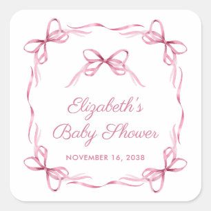 Sticker Carré Coquette Élégante Bows Rose Baby Girl Douche