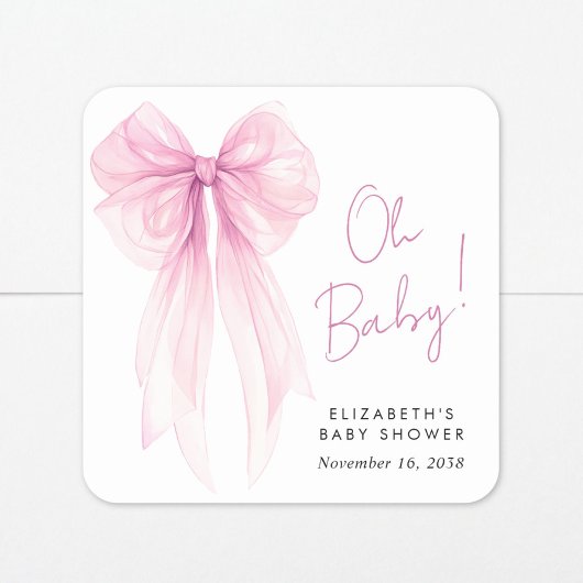Sticker Carré Coquette rose Bow Aquarelle bébé fille douche