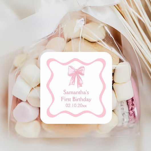Sticker Carré Coquette rose Bow fête d'anniversaire