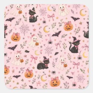 Sticker Carré Coquette Rose Halloween Fantôme Chat Noir Citrouil