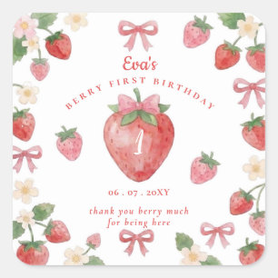 Sticker Carré Coquette Rose Ruban Fraise Baie Premier Anniversai