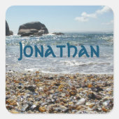 Sticker Carré Coquillages Photo Nom Texte Bleu (Devant)