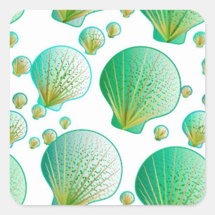 Sticker Carré Coquillages verts de mer sur blanc