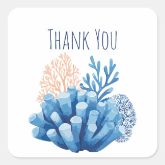 Sticker Carré Corail de récif à l'aquarelle bleue Merci
