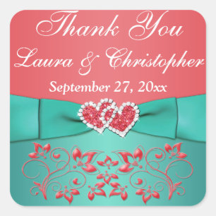 Sticker Carré Corail, Floral Turquoise, Coeur 1,5" Sq. Faveur de