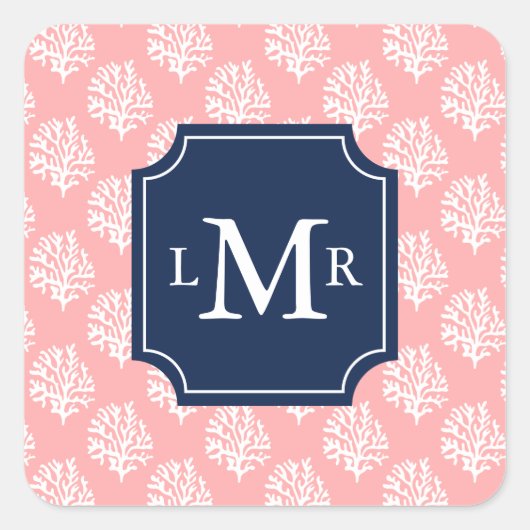 Sticker Carré Corail mignon Motif et Monogramme bleu (Devant)