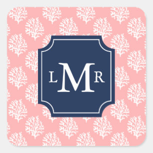 Sticker Carré Corail mignon Motif et Monogramme bleu