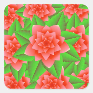 Sticker Carré Coral Orange Camellias et Feuilles verts