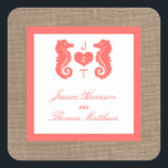 Sticker Carré Coral Seahorse Burlap Beach Wedding Collection<br><div class="desc">La collection de mariage de plage de corail sur burlap est parfaite pour tout couple qui planifie un mariage romantique au bord de la mer. L'arrière - plan rustique effet burlap donne à ces invitations une atmosphère boho-chic, tandis que le corail tropical a un coloris frais et chaud qui peut...</div>