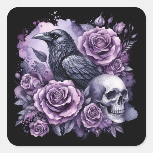Sticker Carré Corbeau gothique Rose pourpre crâne (Devant)