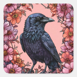 Sticker Carré Corbeau noir entouré de fleurs roses et orange