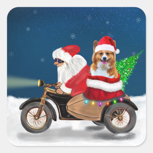 Sticker Carré Corgi Chien Noël Père Noël (Devant)