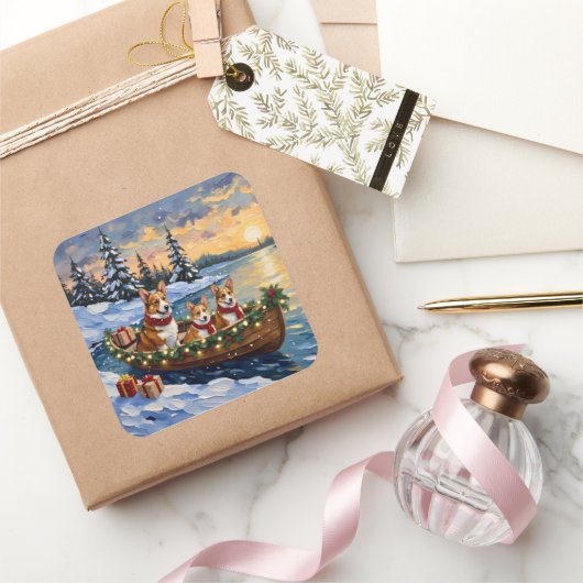 Sticker Carré Corgi Christmas Boat Holiday (Cadeaux)