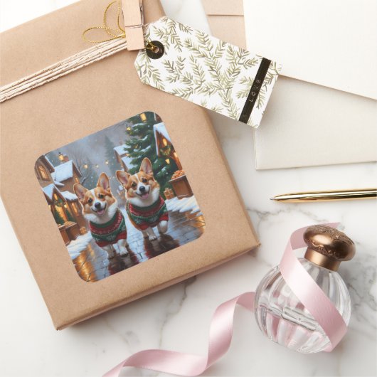Sticker Carré Corgi Dogs Christmas Snow Holiday (Cadeaux)