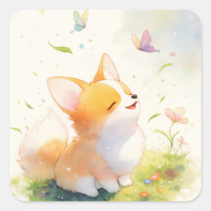 Sticker Carré Corgi heureux avec danse papillon