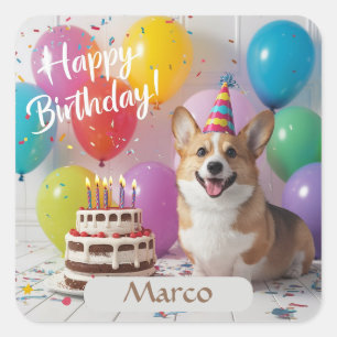 Sticker Carré Corgi Joyeux anniversaire