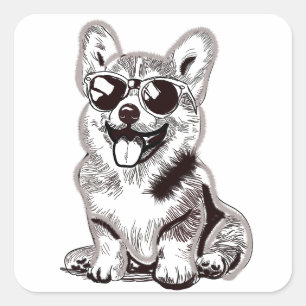 Sticker Carré Corgi personnalisé Puppy avec Lunettes de soleil