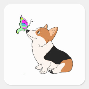 Sticker Carré Corgi tricolore à papillon