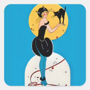 Sticker Carré Costume de chat Halloween vintage Lady & Chat noir