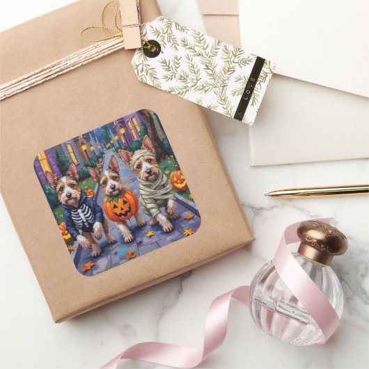 Sticker Carré Costume d'Halloween de Biewer Terrier Trick ou Tri (Cadeaux)