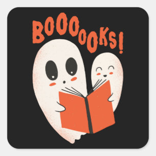Sticker Carré Costume d'Halloween Fantôme Bibliophile Drôle Booo