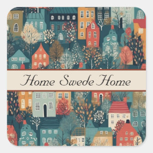 Sticker Carré Cosy Hygge Village Nordic Folk Art, personnalisé