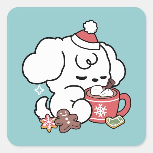 Sticker Carré Cosy Puppy Dreams - Chocolat chaud et Noël (Devant)