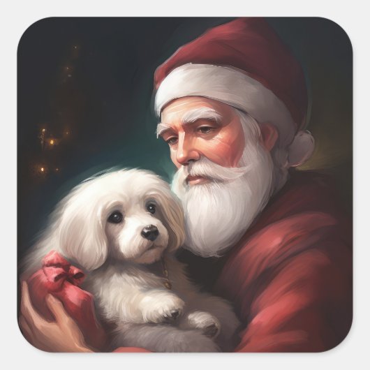 Sticker Carré Coton De Tulear Avec Noël Du Père Noël (Devant)