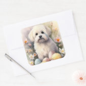 Sticker Carré Coton De Tulear avec oeufs de Pâques vacances (Enveloppe)