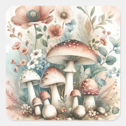 Sticker Carré Cottage | Champignons et fleurs vintages (Devant)