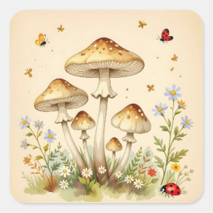 Sticker Carré Cottage Core Champignons et Fleurs Vintage
