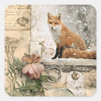 Sticker Carré Cottagecore Vintage Renard d'Hiver