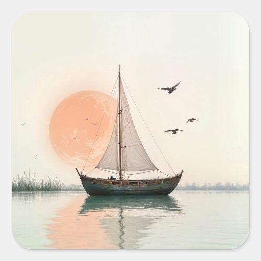 Sticker Carré Coucher De Soleil De Bateau Avec Mouettes (Devant)