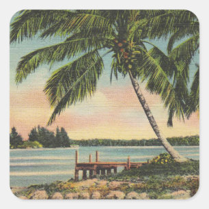 Sticker Carré Coucher de soleil de brise tropicale vintage de co