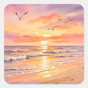 Sticker Carré Coucher de soleil sur la plage avec des oiseaux