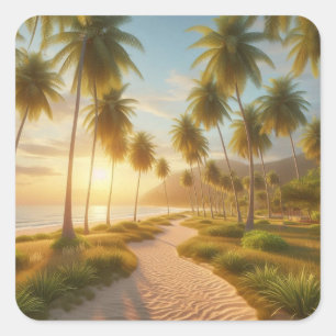 Sticker Carré coucher de soleil sur la plage des Caraïbes/tropic