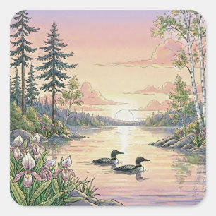 Sticker Carré Coucher de soleil sur le lac Minnesota avec des hu