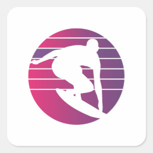 Sticker Carré Coucher de soleil surfeur Rétro