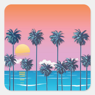 Sticker Carré Coucher de soleil tropical : Illustration de plage