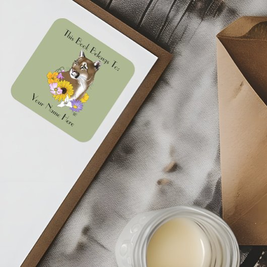 Sticker Carré Cougar Mountain Lion Puma Fleurs