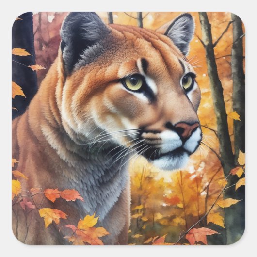 Sticker Carré Couleur Aquarelle Automne Art Chat (Devant)