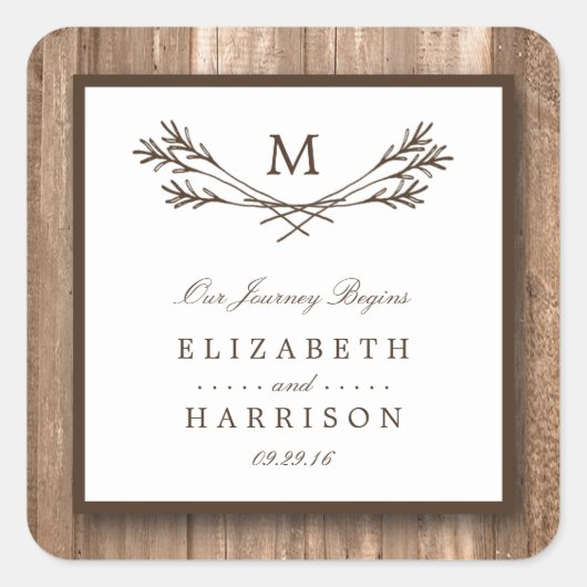 Sticker Carré Country Rustic Monogram Branche & Mariage bois (Devant)