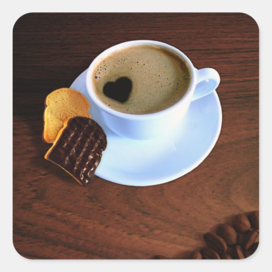 Sticker Carré Coupe de café avec mousse en forme de coeur (Devant)