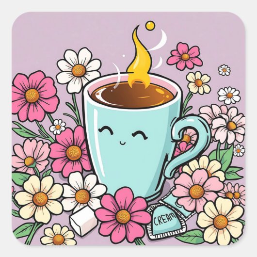 Sticker Carré Coupe Whimsical de Café Chaud et Fleurs (Devant)