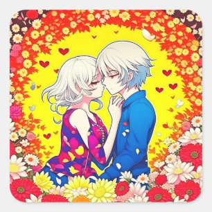 Sticker Carré Couple Anime mignon, Coeurs et Fleurs